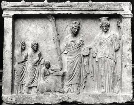 Man, woman and child before an altar offering a sow as a sacrifice to Demeter and Kore from Praxiteles