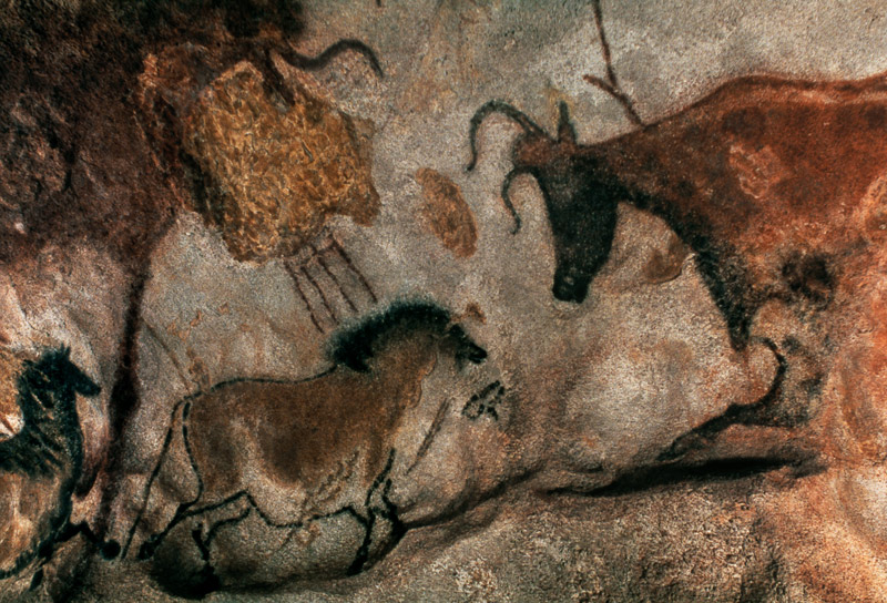 Rock painting showing a horse and a cow from Prehistoric