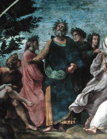 The Parnassus, detail of Homer, Dante and Virgil, in the Stanze della Segnatura from Raffaello Sanzio da Urbino