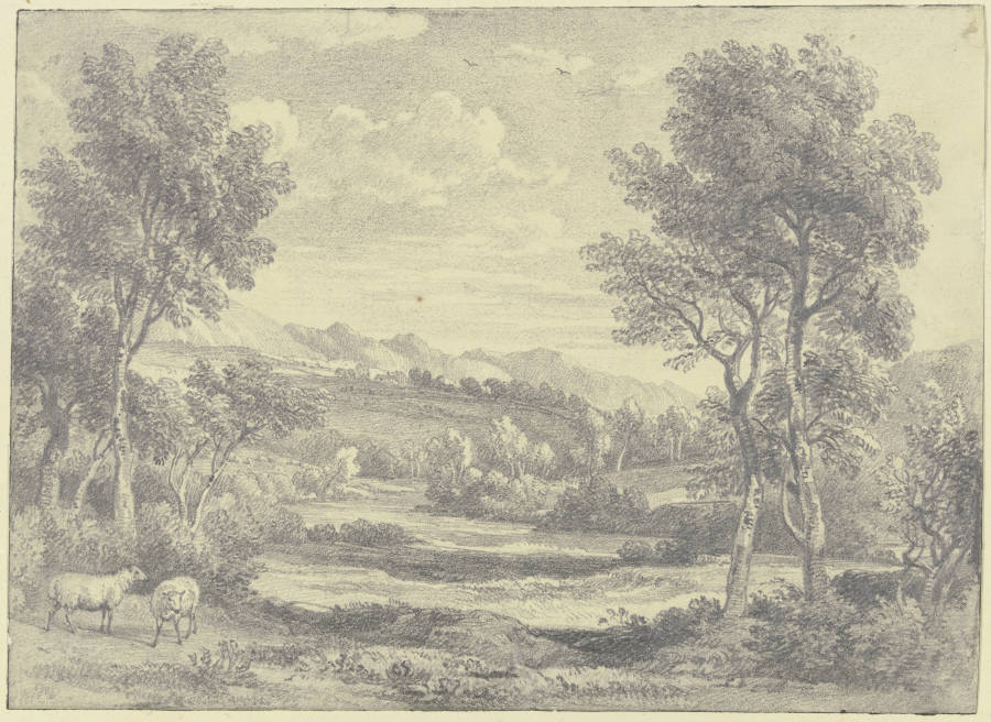 Baumreiche Landschaft mit zwei Schafen im Vordergrund from Ramsay Richard Reinagle