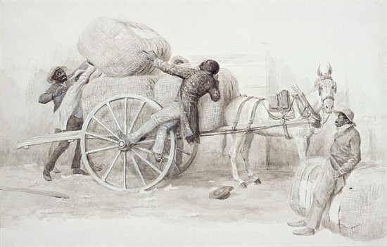 Negroes loading Cotton Bales at Charleston (pen & wash on paper) from Randolph Caldecott