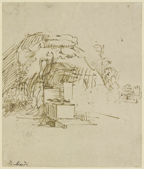 Well in front of a hut from Rembrandt van Rijn