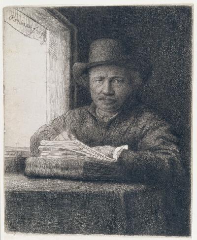 Self-Portrait etching at a window