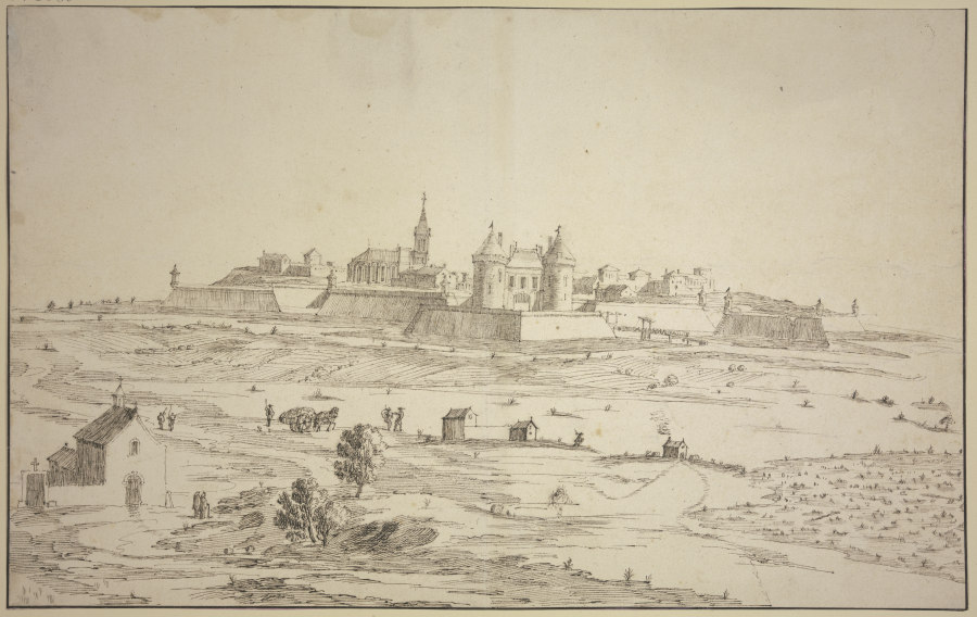 Ansicht einer befestigten Stadt, links vorne eine Kapelle from Robert van den Hoecke