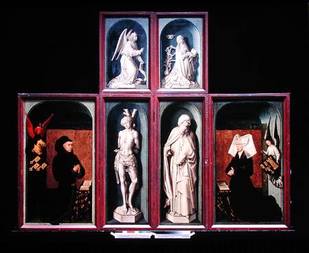 The Last Judgement when closed, depicting the donors Chancellor Nicholas Rolin and his Wife, Guigone from Rogier van der Weyden