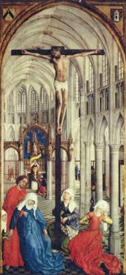 The seven sacraments, middle section -- crucifixion in a church from Rogier van der Weyden