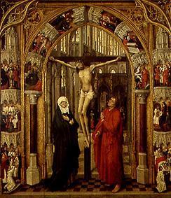 The crucified in a church portal, surrounded by scenes from the life Jesu.