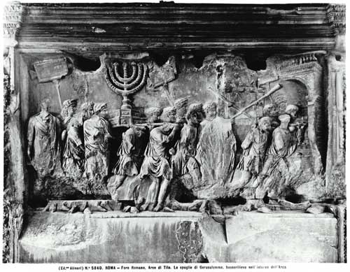 The Arch of Titus, detail of the Temple treasures being carried after the Sack of Jerusalem in 70 AD from Roman
