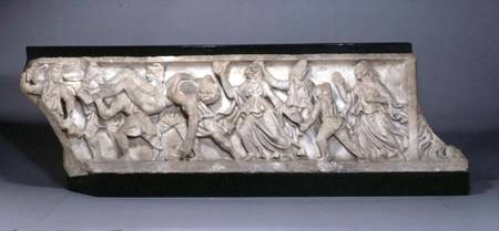 Fragment from a marble sarcophagus lid, depicting the ransoming of Hector from Roman