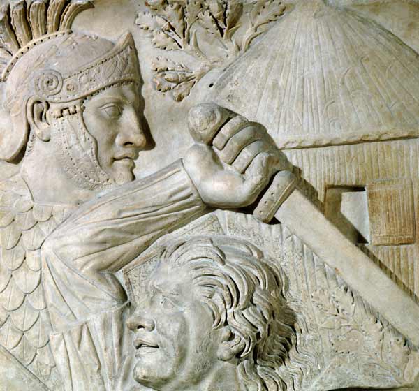 Relief depicting a Barbarian fighting a Roman legionary from Roman