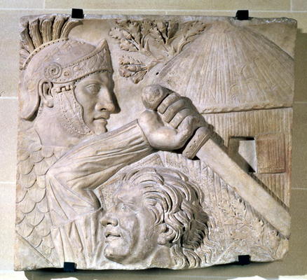 Relief depicting a Barbarian fighting a Roman legionary (stone) from Roman 2nd century AD