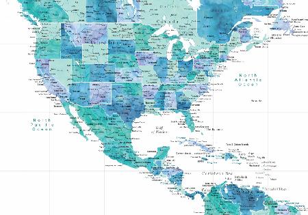 Aqua map of the United States and the Caribbean sea