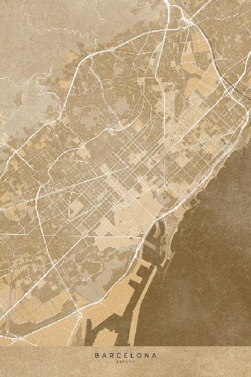 Map of Barcelona (Spain) in sepia vintage style