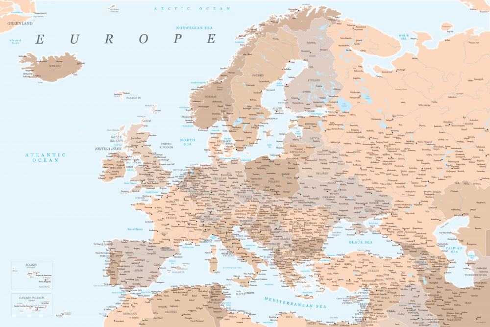 Neutral detailed map of Europe from Rosana Laiz Blursbyai