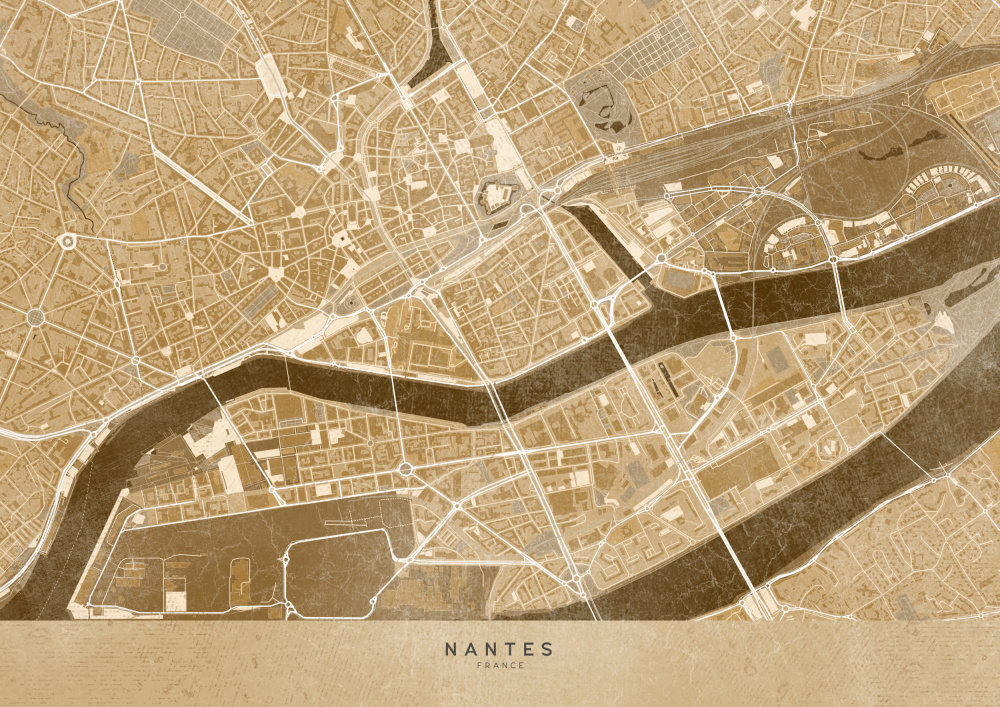 Sepia vintage map of Nantes downtown France from Rosana Laiz Blursbyai