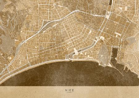 Sepia vintage map of Nice downtown France