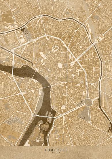 Sepia vintage map of Toulouse downtown France