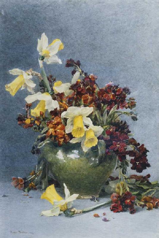 Osterglocken und Mauerblümchen in einer grünen Vase from Rose Maynard Barton