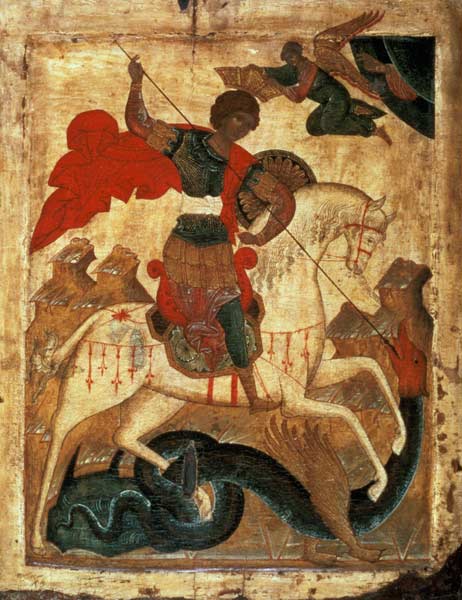 St. George and the Dragon (tempera on fabric, gesso, and from Russian School