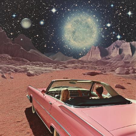 Pink Vintage Car In Space Collage Art 2