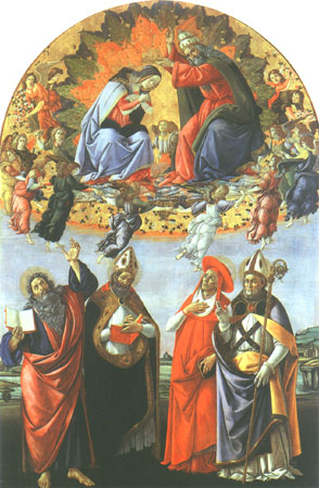 Coronation of Maria with the saints Johannes of the evangelist, Augustinus, Hieronymus and Eligius from Sandro Botticelli