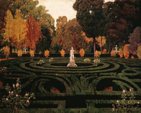 Gartenlabyrinth mit Faun-Statue.