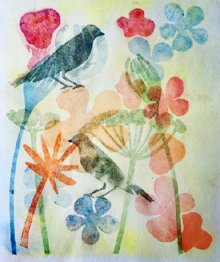 Two birds and flowers
