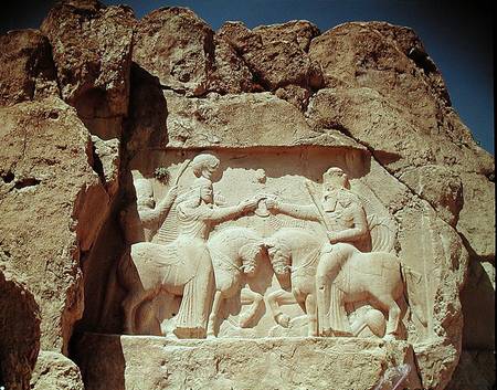 Relief depicting the investiture of King Ardashir I (c.210-241) founder of the Sassanian empire in a from Sasanian