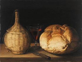Quiet life with demijohn, goblet and bread.