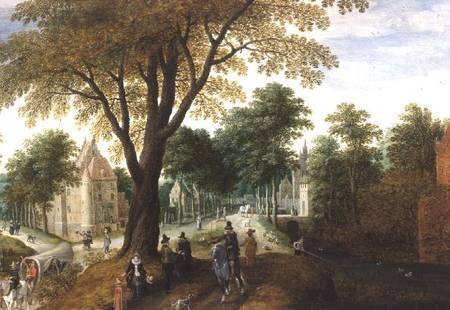 Elegant Horsemen and figures on a path in front of a chateau from Sebastian Vrancx