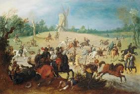 A cavalry battle in a wooded valley before a windmill