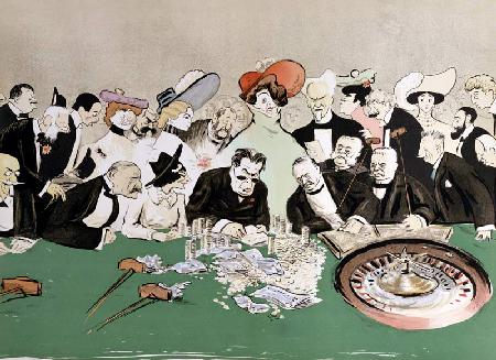 Gamblers in the casino at Monte-Carlo. c.1910 (colour litho)