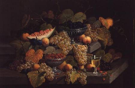 Still Life of Melon, Plums, Grapes, Peaches, Cherries, Strawberries etc on Stone Ledges from Severin Roesen