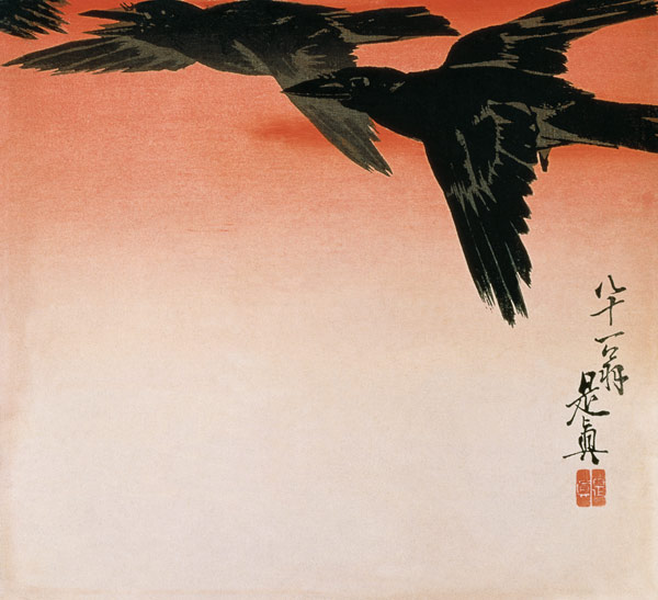 Crows in flight in a red sky from Shibata Zeshin