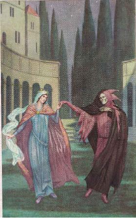 The Dance of Death. Here he has stolen a jesters cap and bells, and dances with the queen.