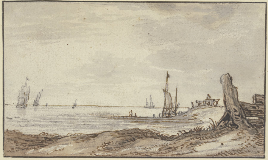 Meeresstrand mit ruhiger See, rechts im Mittelgrunde hält ein Wagen, sieben Segel in Sicht from Simon de Vlieger
