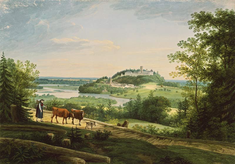 Farmer with cows in front of castle Neubeuern at the Inn from Simon Warnberger