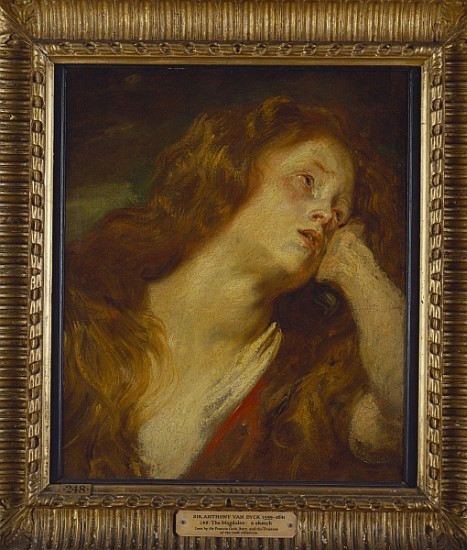 A young woman, bust length, resting her head on her hand (oil on paper laid down on panel) from Sir Anthony van Dyck