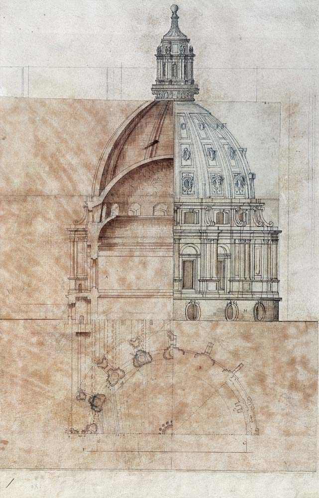 The 'Definitive Design': section, elevation and half plan of St. Paul's Cathedral dome cil on from Sir Christopher Wren