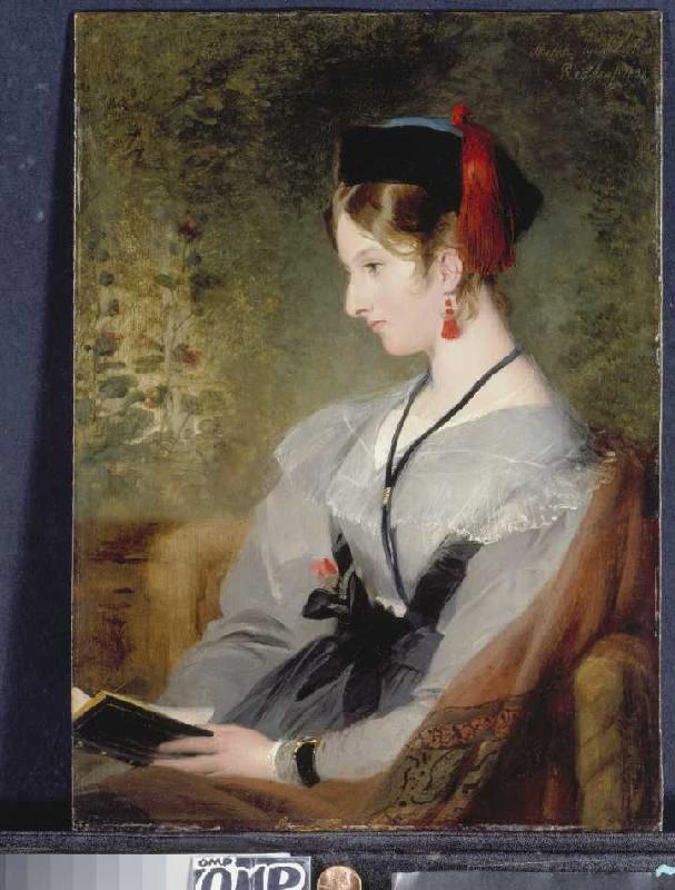 Bildnis von Elizabeth Wells (spätere Lady Dyke) in grauem Kleid mit Buch. from Sir Edwin Henry Landseer