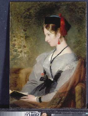 Bildnis von Elizabeth Wells (spätere Lady Dyke) in grauem Kleid mit Buch.