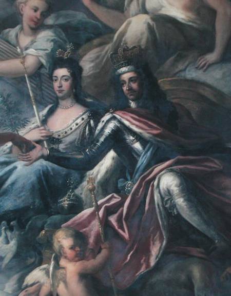 Ceiling of the Painted Hall, detail of King William III (1650-1702) and Queen Mary II (1662-94) Enth from Sir James Thornhill