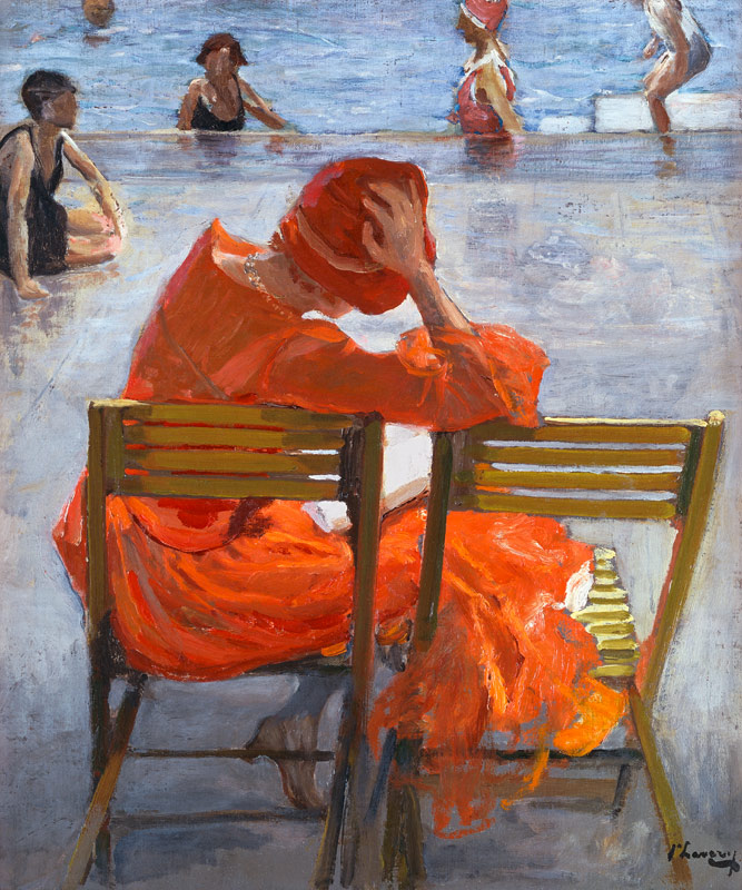 Young woman in a red dress at a swimming pool from Sir John Lavery