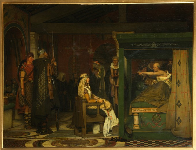 Fredegund visits Bishop Prætextatus on his deathbed from Sir Lawrence Alma-Tadema