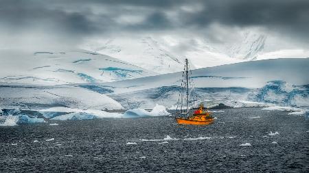 A sail boat in Antarctica