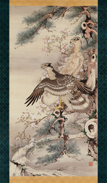 Pair of Hawks with Branch and Blossoms from Soga Shohaku