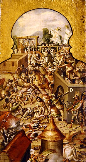 Depiction of the atrocities committed during the fighting for the conquest of the Temple Mayor and t from Spanish School
