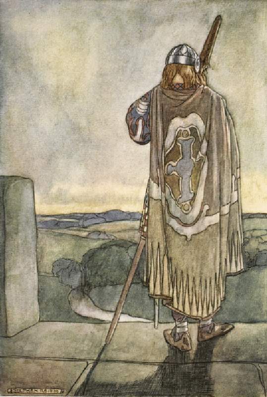 Finn heard far off the first notes of the fairy harp, frontispiece to The High Deeds of Finn, and ot from Stephen Reid