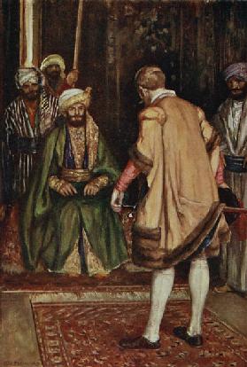Jenkinson claims the Sultans hospitality, illustration from The Book of Discovery by T.C. Bridges, p