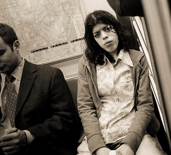 Woman sitting on a subway and staring, 2004 (b/w photo)  from Stephen  Spiller